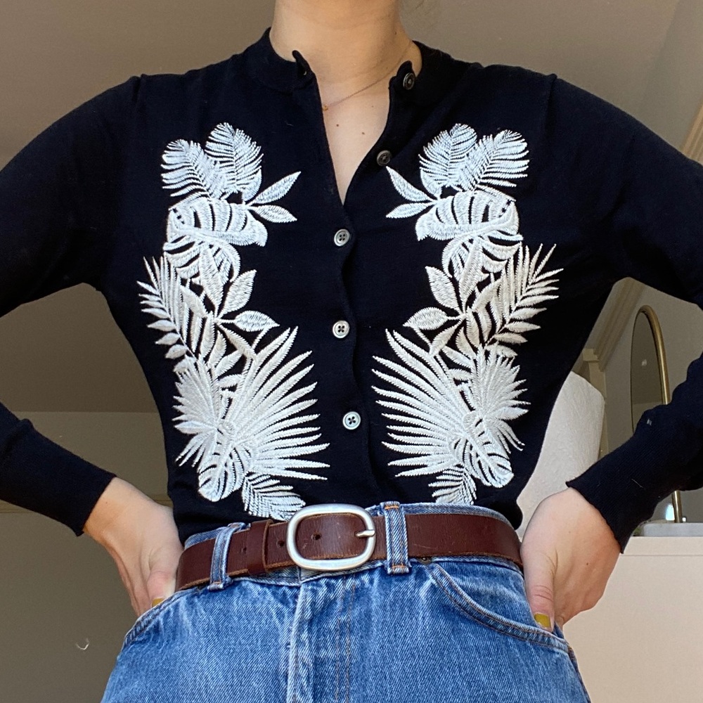 j crew black cardigan/white leaf embroidery